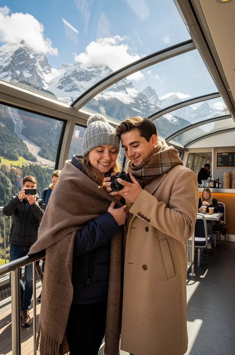 Reisende genießen eine entspannte Zugfahrt in einem komfortablen Abteil mit großen Fenstern.