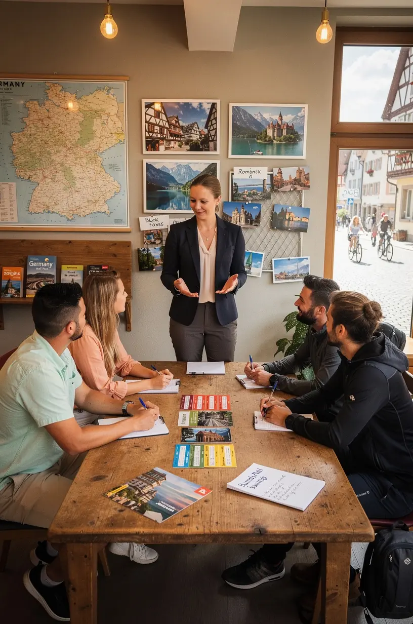 Beratungssituation mit einem Reiseberater, der individuelle Reisepläne mit einem digitalen Tablet erläutert.