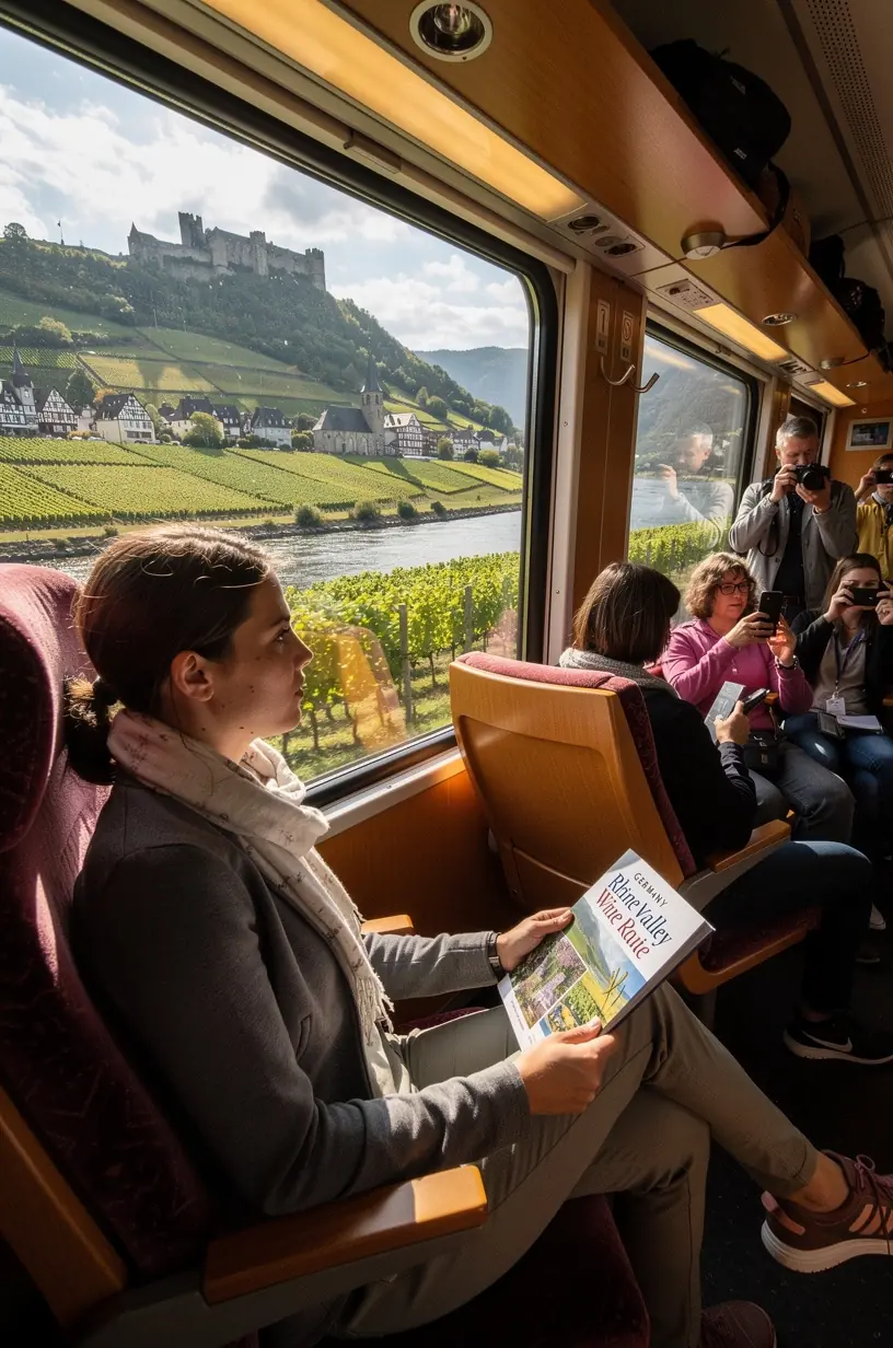 Panoramablick aus dem Zugfenster auf die malerische deutsche Landschaft mit Flüssen und Wäldern.