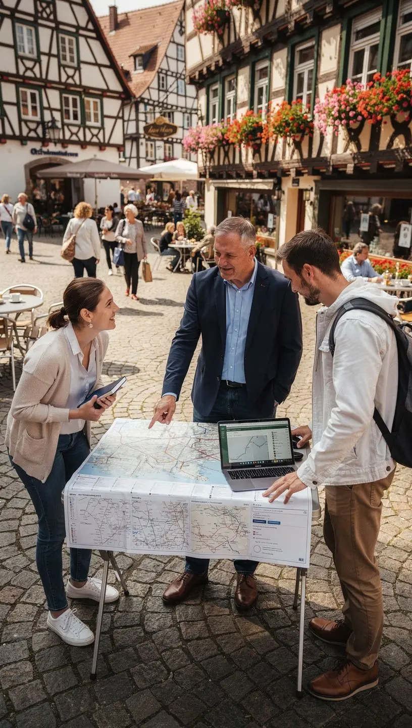 Beratungsgespräch zwischen Reisendem und Reiseexperten in modernem Studio mit Karten und Zugmodellen.